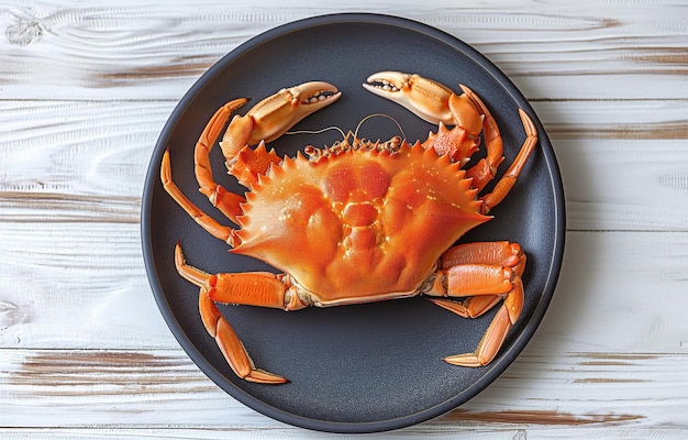 View from above of a single cooked huge Dungeness crab on a dark blue plate with plenty of room for copy against a backdrop of white wood