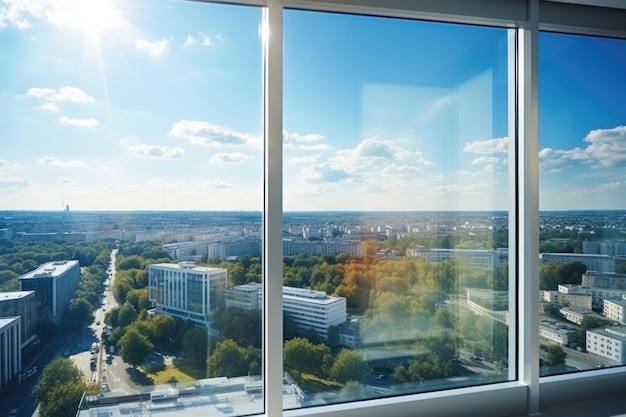 view from a skyscraper window clear sunny day view of the city and nature