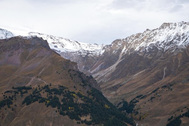 View from above on the slopes of the mountains overgrown with forest in autumn Mountains tourism Selective focus