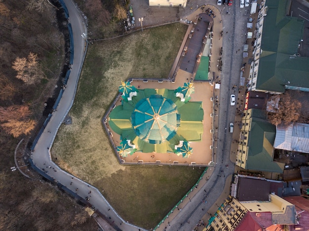 View from above on the St. Andrew's Church in sity Kiev, Ukraine. Drone photo