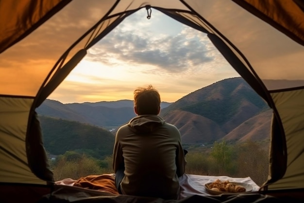 View from Tent Young Man in His Camper Generative AI