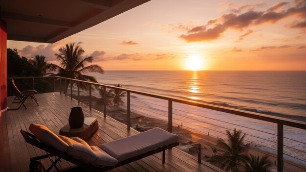 Foto la vista dalla terrazza della villa sulla spiaggia è un bellissimo tramonto sulla spiaggia