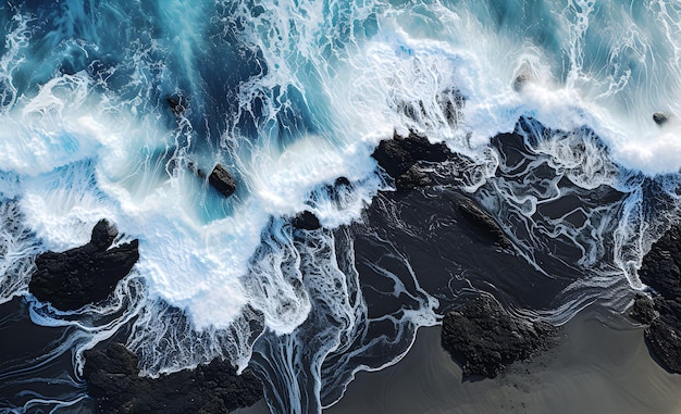 View from the top of the beach with volcanic black sand and foamy waves