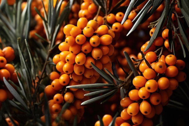 View from top close look of fresh Sea buckthorn berries