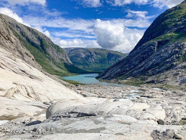 Photo view from the top of the glacial valley idyllic beauty of the mountain landscape