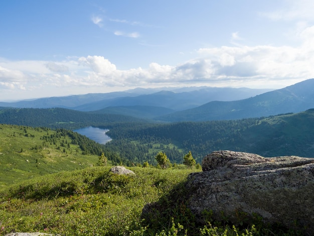 View from the top of the mountain to the Svetloye Lake in the Ergaki nature park