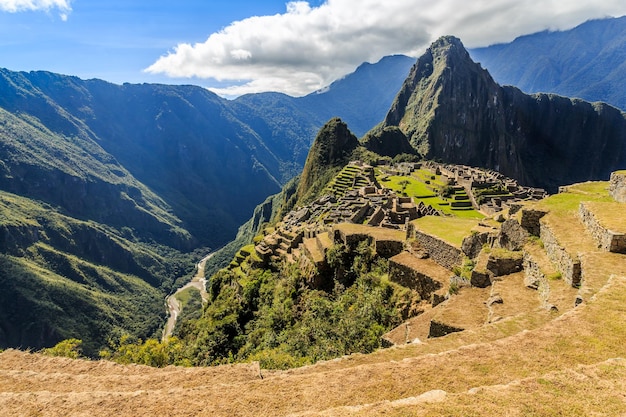 View from the top to old Inca ruins and Wayna Picchu Machu Picchu Urubamba provnce Peru