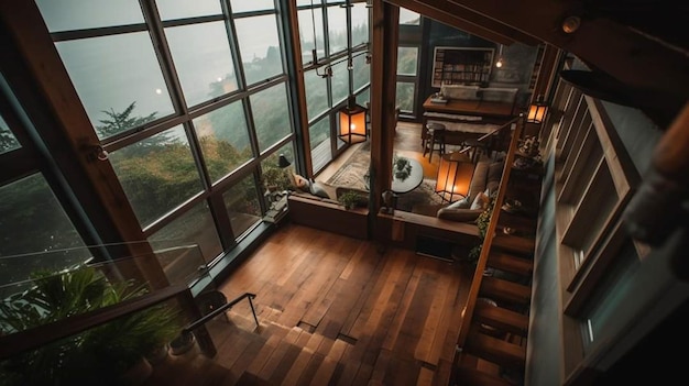 The view from the top of the stairs of the house