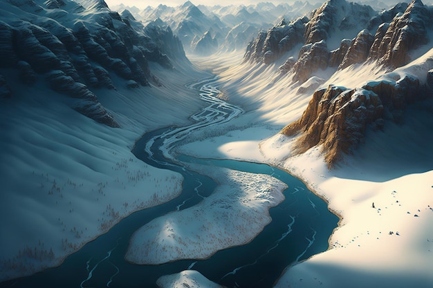 view from the top where water is flowing between snow covered mountains