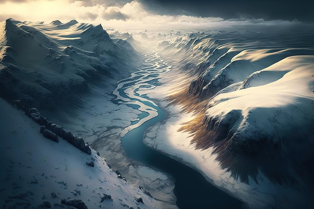 view from the top where water is flowing between snow covered mountains