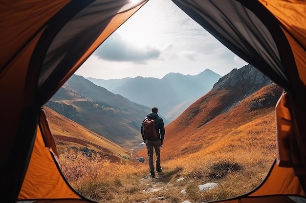 View from the tourist tent to the mountains with tourist generative ai