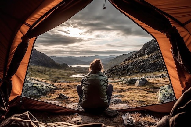 View from the tourist tent to the mountains with tourist generative ai