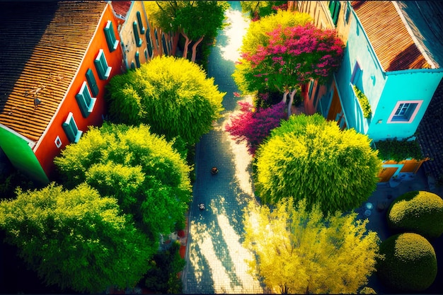 View from above on treelined path in springtime burano street