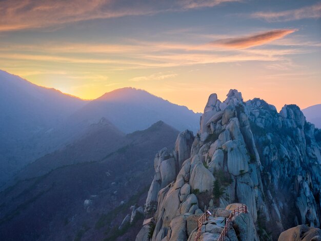 View from Ulsanbawi rock peak on sunset Seoraksan National Park South Corea