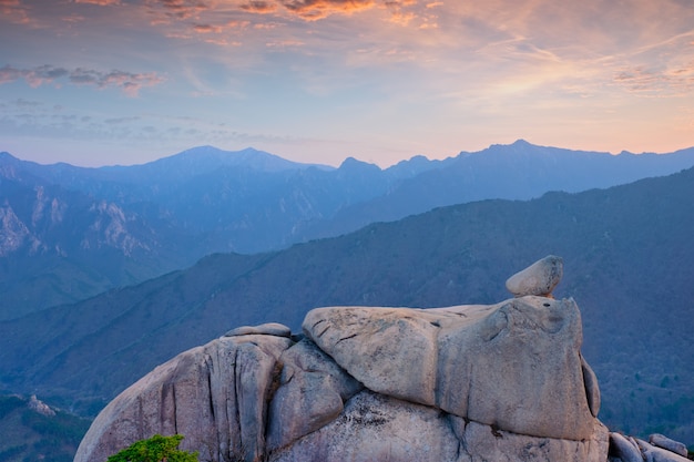 View from Ulsanbawi rock peak on sunset. Seoraksan National Park, South Corea