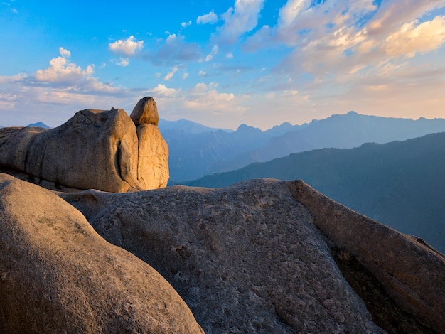 View from ulsanbawi rock peak on sunset seoraksan national park south corea