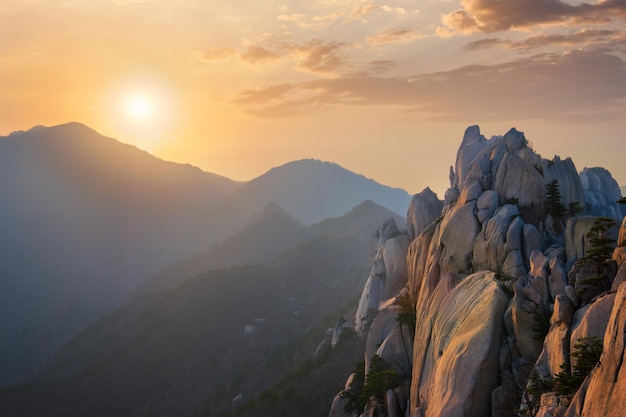 View from ulsanbawi rock peak on sunset seoraksan national park south corea