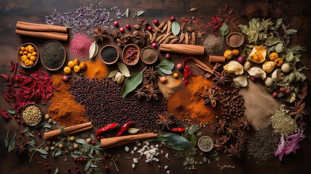 View from above of various cooking spices placed on the table with generative ai
