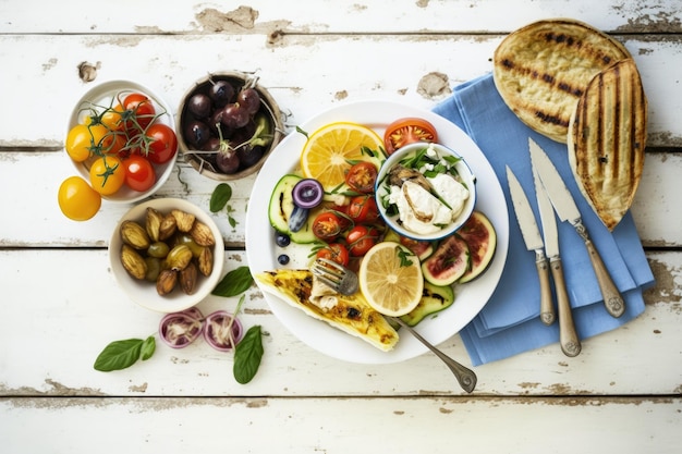 Вид сверху на вегетарианскую средиземноморскую еду с копировальным пространством и жареными фруктами и овощами на белом деревянном столе для пикника