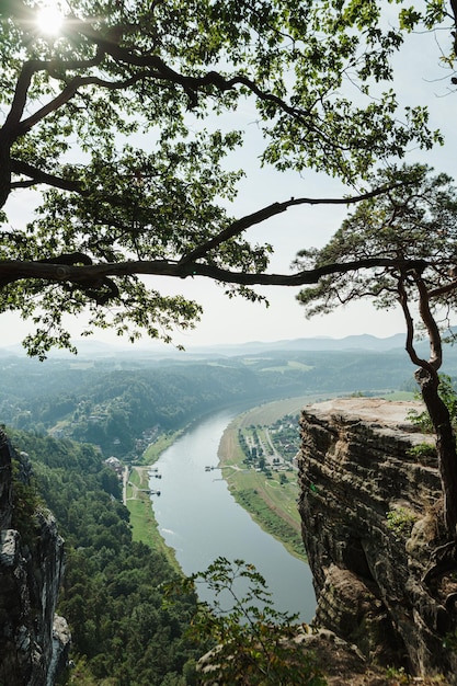 View from the viewpoint of Bastei in Saxon Switzerland Germany Dresden to river Elbe Wallpapers