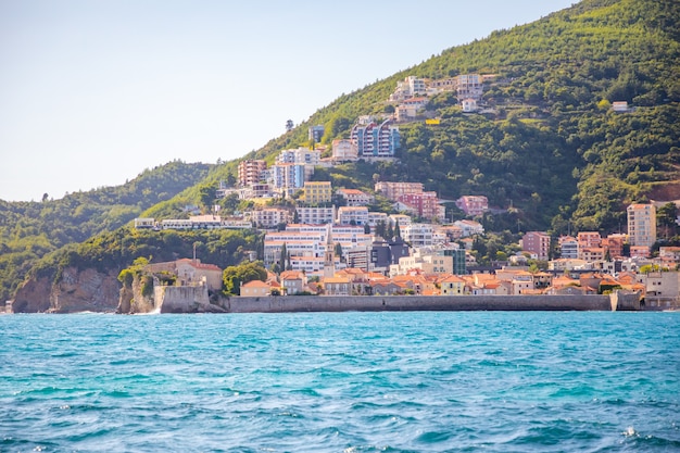 View from water of the budva city in montenegro view from island of st nicholas