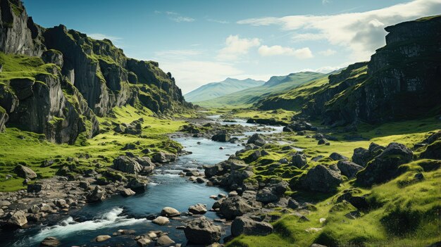 View from above waterfall flowing through a small river along a mountain valley in Iceland