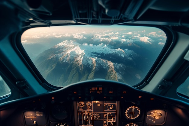 A view from the window of an airplane Flying over the ground view over an abyss flying Beautiful scenic view of sunset through aircraft window Image savepath for window airplane Generative AI