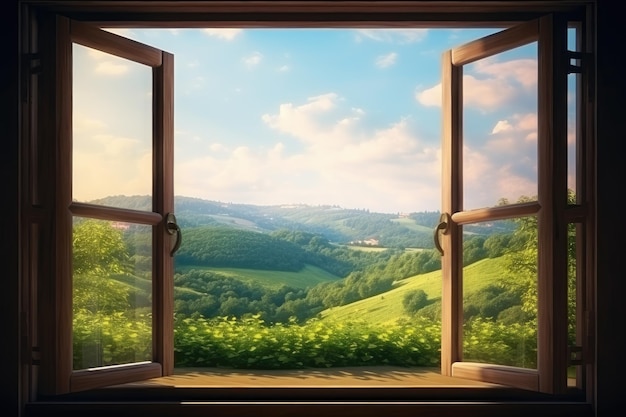 View from the window of the beautiful green landscape Generative AI