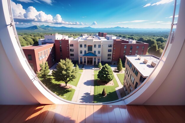 A view from a window of the campus of the university of the rockies.