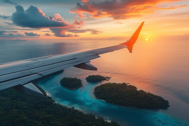 View from the window at dusk an airplane wing soaring onto tropical islands in the ocean Generative AI