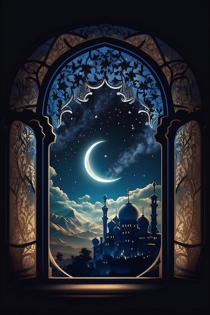 View from window on the Muslim mosque and the crescent moon at night Ai generative