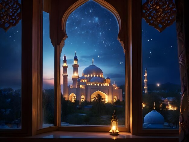 Foto vista dalla finestra della moschea musulmana di notte ramadan kareem