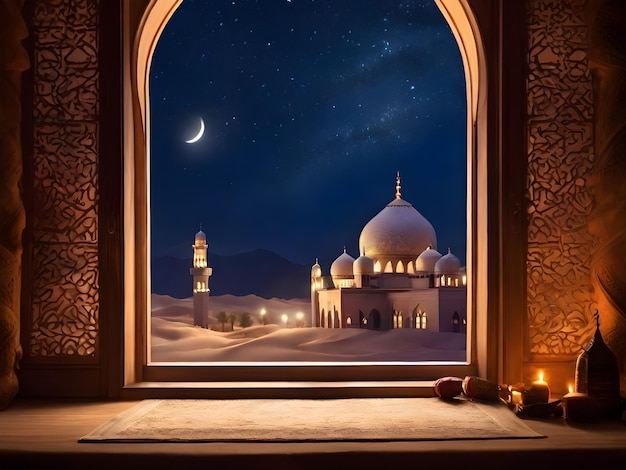 View from window of muslim mosque on night Ramadan kareem