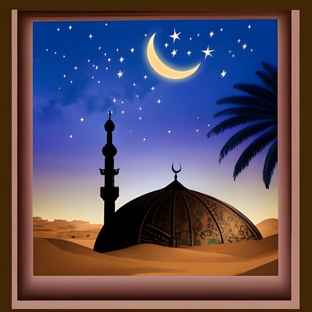 A view from a window of a muslim mosque with a crescent moon and stars in the night desert with a da..