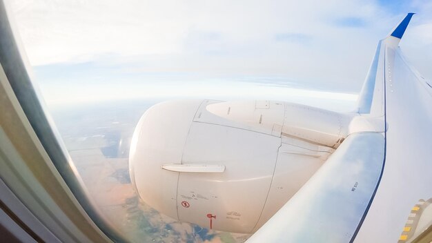 View from the window seat of commercial passenger airplane.