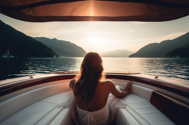 view from behind woman relaxing on a luxury boat