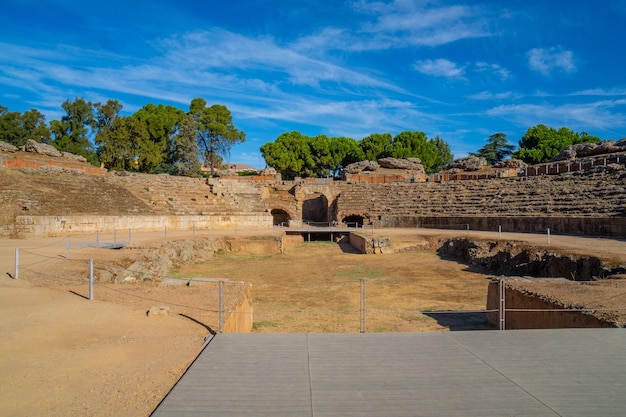 View from the wooden walkway of the arena of the Roman Amphitheater of Merida illuminated