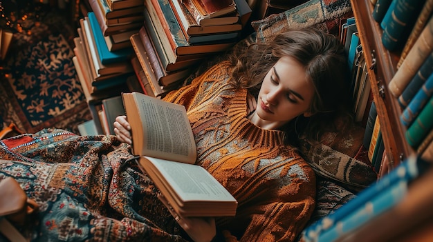 View from above of a young woman lying among books bedroom library space Generative AI