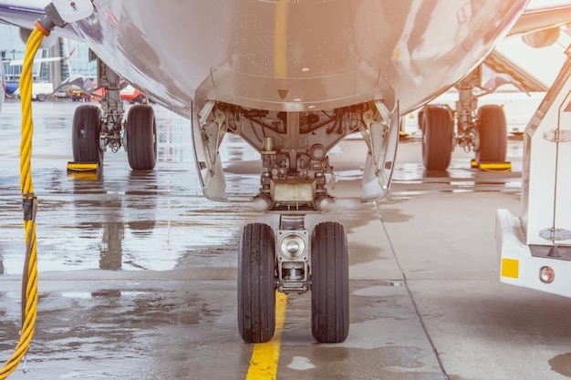 View of the front landing gear in the background rear rack chassis wheels