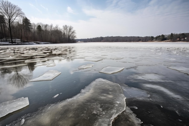 A view of a frozen lake with snow and ice covering the surface