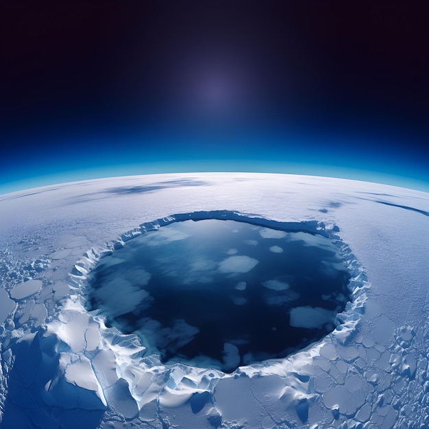 A view of a frozen lake with the sun shining on it.