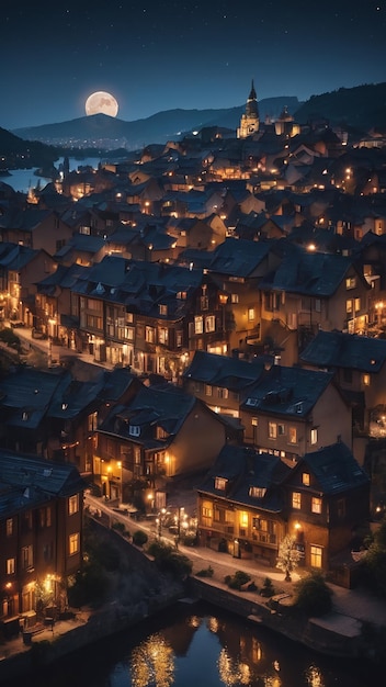 View of the full moon over a city