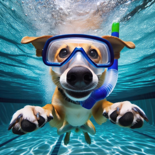 View of funny and cute dog swimming underwater