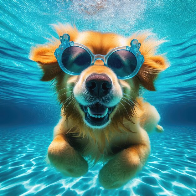 View of funny and cute dog swimming underwater