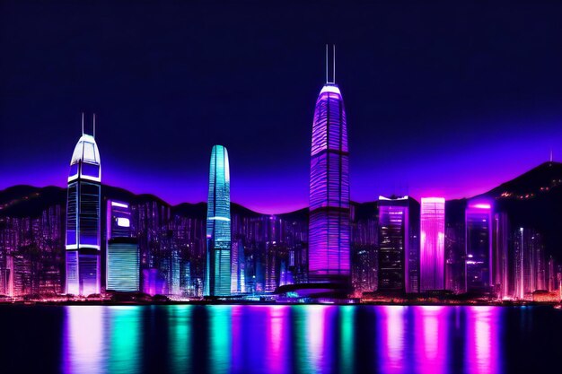 A view of a futuristic city at night from across the water