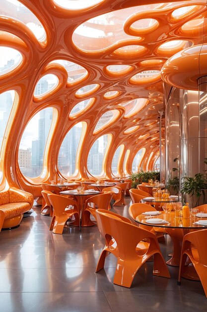 View of futuristic and high tech classroom and fancy restaurant furniture