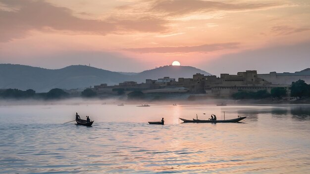 View of gadisar lake peaceful scene in the morning jaisalmer india