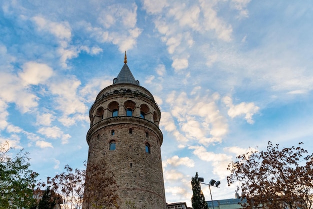 View of Galata Tower from below surrounded by classic buildings against blue sky