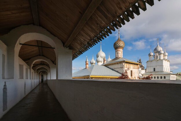 View of the gallery of the Rostov Kremlin Wall on a sunny day Rostov Veliky Yaroslavl region Russia