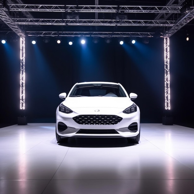 View of a generic and brand less modern car on the presentation stage background